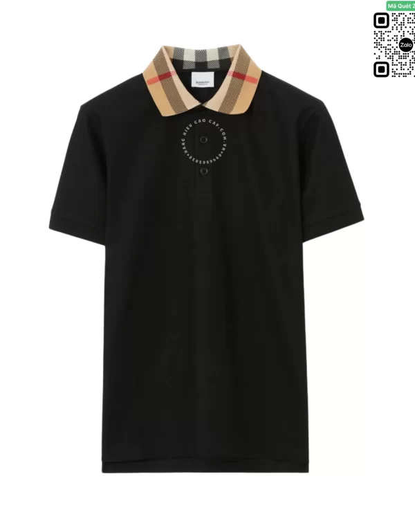 Áo polo Burberry mầu đen cổ kẻ vàng sợi gai hàng hiệu