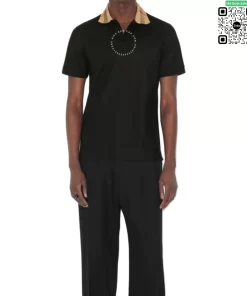 Áo polo Burberry mầu đen cổ kẻ vàng sợi gai hàng hiệu