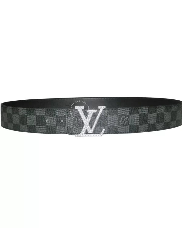 Dây lưng đính đá Louis Vuitton mặt trắng dây caro đen hàng hiệu