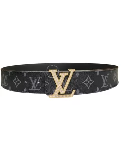 Dây lưng Louis Vuitton da thật mặt vàng đính đá dây đen hoa trắng