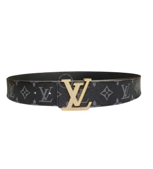 Dây lưng Louis Vuitton da thật mặt vàng đính đá dây đen hoa trắng