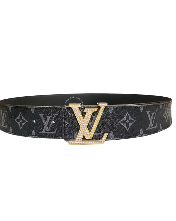 Dây lưng Louis Vuitton da thật mặt vàng đính đá dây đen hoa trắng