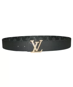 Dây lưng Louis Vuitton da thật mặt vàng đính đá dây đen hoa trắng