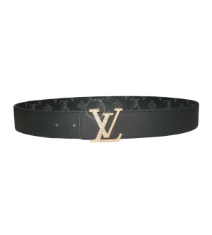 Dây lưng Louis Vuitton da thật mặt vàng đính đá dây đen hoa trắng