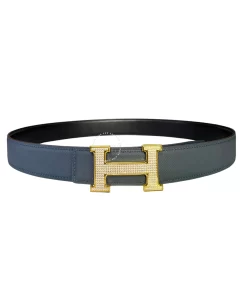 Thắt lưng Hermès mặt vàng đính đá dây mầu xanh tím than HMV5