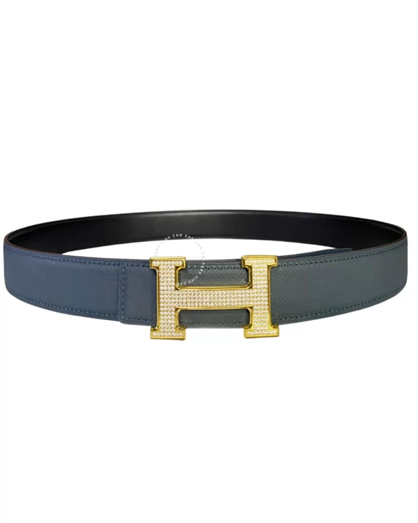 Thắt lưng Hermès mặt vàng đính đá dây mầu xanh tím than HMV5