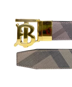 Thắt Lưng Burberry da cao cấp dây mầu ghi kẻ caro mặt vàng