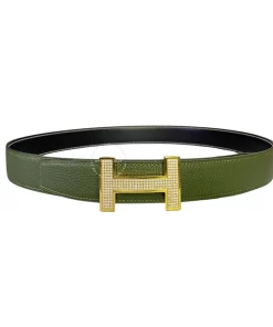 Thắt lưng da Hermes mặt vàng gắn đá dây nhọn hai đầu hmv1