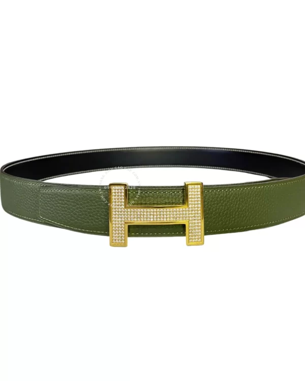 Thắt lưng da Hermes mặt vàng gắn đá dây nhọn hai đầu hmv1