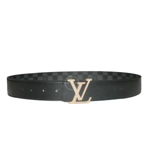 Thắt lưng Louis Vuitton khóa vàng đính đá dây đen caro hàng hiệu