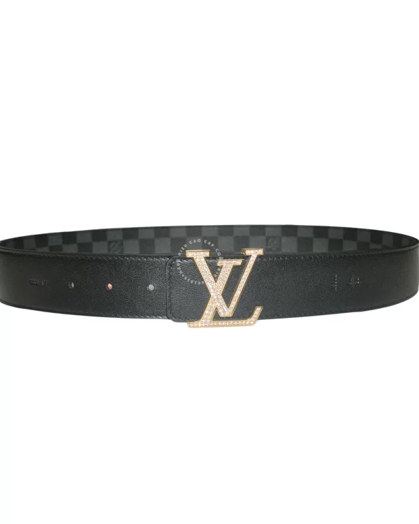 Thắt lưng Louis Vuitton khóa vàng đính đá dây đen caro hàng hiệu