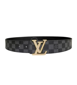 Thắt lưng Louis Vuitton khóa vàng đính đá dây đen caro hàng hiệu