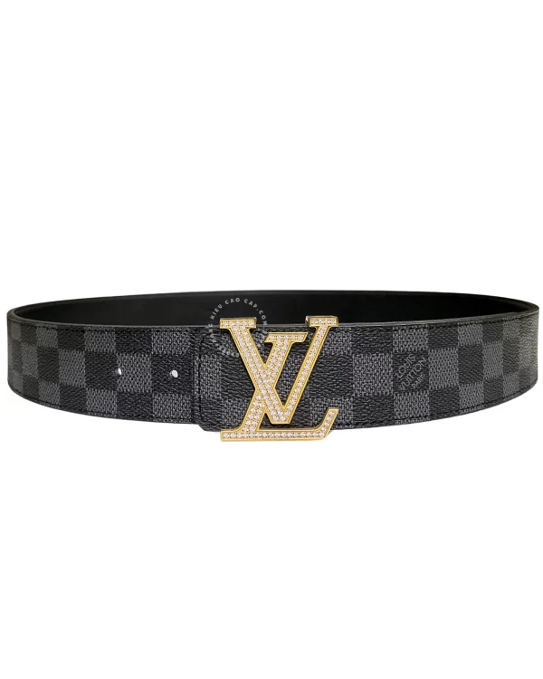 Thắt lưng Louis Vuitton khóa vàng đính đá dây đen caro hàng hiệu