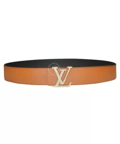 Thắt lưng LV hàng hiệu Louis vuitton mặt vàng đính đá dây đen cam