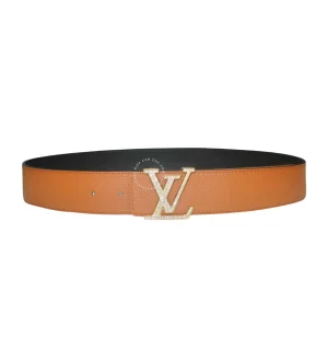 Thắt lưng LV hàng hiệu Louis vuitton mặt vàng đính đá dây đen cam