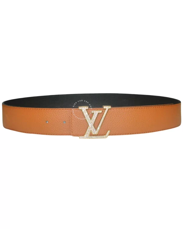 Thắt lưng LV hàng hiệu Louis vuitton mặt vàng đính đá dây đen cam