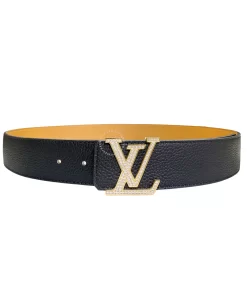 Thắt lưng LV hàng hiệu Louis vuitton mặt vàng đính đá dây đen cam