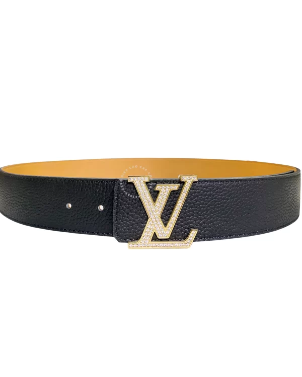Thắt lưng LV hàng hiệu Louis vuitton mặt vàng đính đá dây đen cam