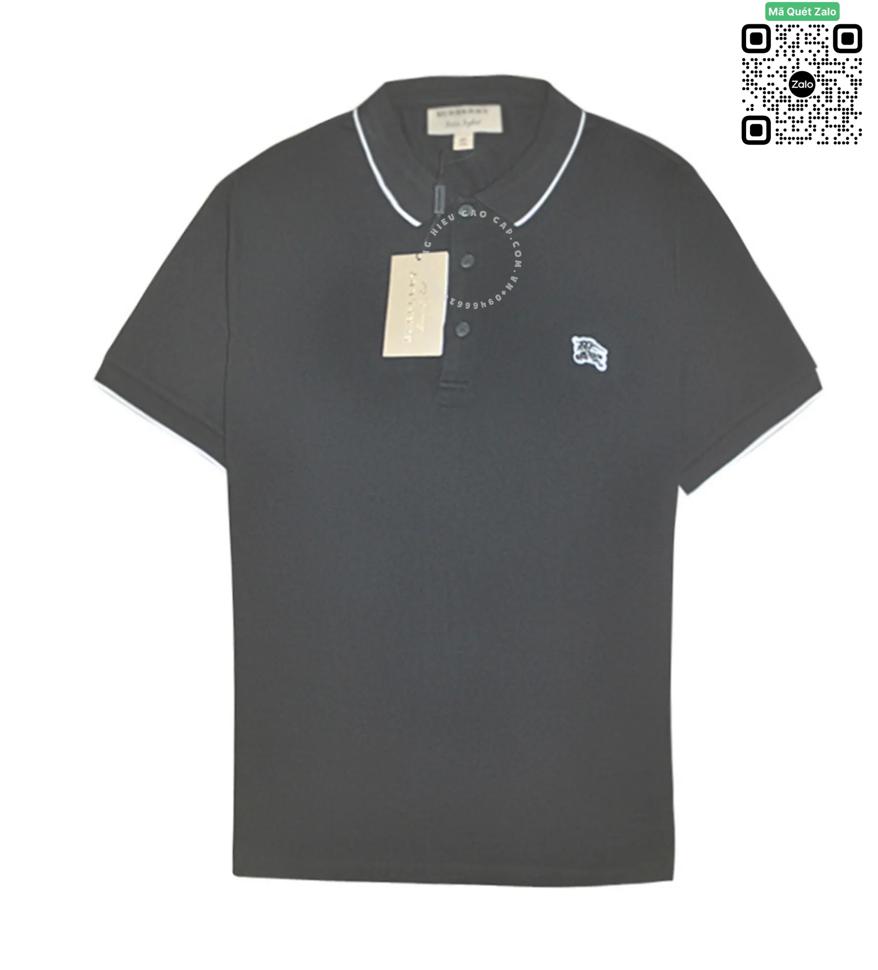 Áo Polo Burberry cổ điển logo thêu nổi mầu đen vải sợi gai