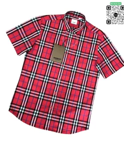 Áo Burberry mầu đỏ ngắn tay kẻ nhỏ sơ mi nam hàng hiệu
