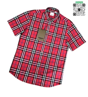 Áo Burberry mầu đỏ ngắn tay kẻ nhỏ sơ mi nam hàng hiệu