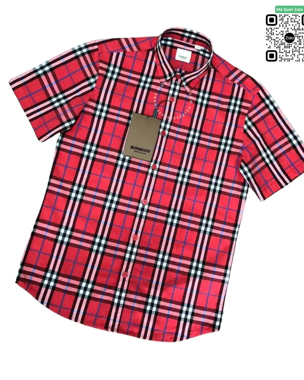 Áo Burberry mầu đỏ ngắn tay kẻ nhỏ sơ mi nam hàng hiệu