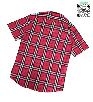 Áo Burberry mầu đỏ ngắn tay kẻ nhỏ sơ mi nam hàng hiệu